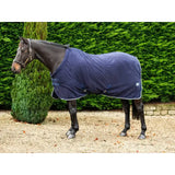 Navy fleece horse rug with white silver piping and breathable cross surcingles featuring sturdy metal buckles