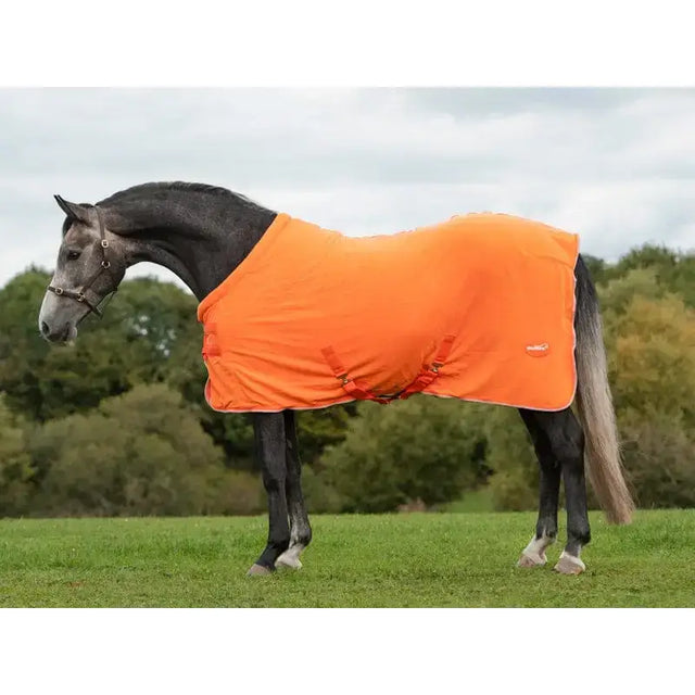 Bright orange Swish fleece horse rug with red straps and logo, a luxury fleece rug perfect for horses in cooler weather
