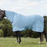 Light blue swish fleece rug with neck cover features luxury fleece, adjustable cross surcingles, and subtle silver piping