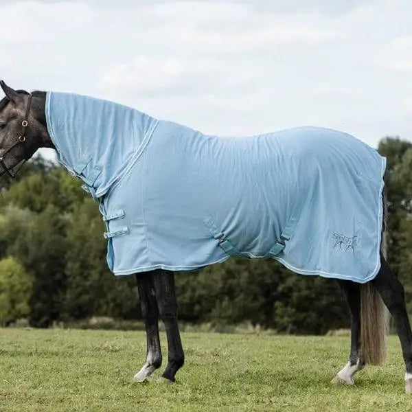 Light blue swish fleece rug with neck cover features luxury fleece, adjustable cross surcingles, and subtle silver piping