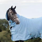 Baby blue luxury fleece rug with adjustable cross surcingles silver piping and cozy neck cover hood