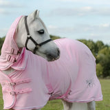 Baby pink fleece rug with neck cover featuring black buckles cross surcingles and subtle silver piping logo