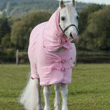 Baby pink fleece rug with neck cover featuring silver piping and black buckles with cross surcingles
