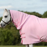 Pink fleece rug with adjustable cross surcingles silver piping and hood for baby horse warmth