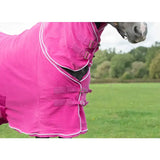 Bright pink swish fleece rug with neck cover berry white trim adjustable straps and wicking properties