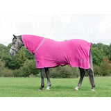 Vibrant pink swish fleece rug with neck cover berry white trim and adjustable straps with wicking properties