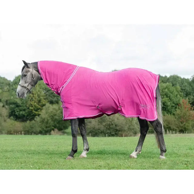 Vibrant pink swish fleece rug with neck cover berry white trim and adjustable straps with wicking properties