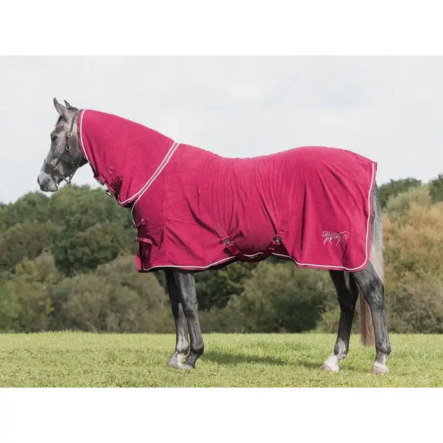 Maroon swish fleece rug with neck cover burgundy white trim and cross surcingles for warmth and protection