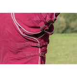 Maroon swish fleece rug with neck cover burgundy features white rope trim and metal buckles with cross surcingles