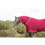Swish fleece rug with neck cover burgundy in maroon fleece featuring white trim and adjustable cross surcingles straps