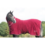 A vibrant burgundy swish fleece rug with neck cover featuring white trim and subtle embroidered logo with cross surcingles