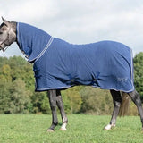 Navy swish fleece rug with fixed neck cover and cross surcingles made of soft fleece for horse warmth