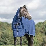 Blue swish fleece rug with fixed neck cover and cross surcingles in navy fleece with white trim and adjustable straps