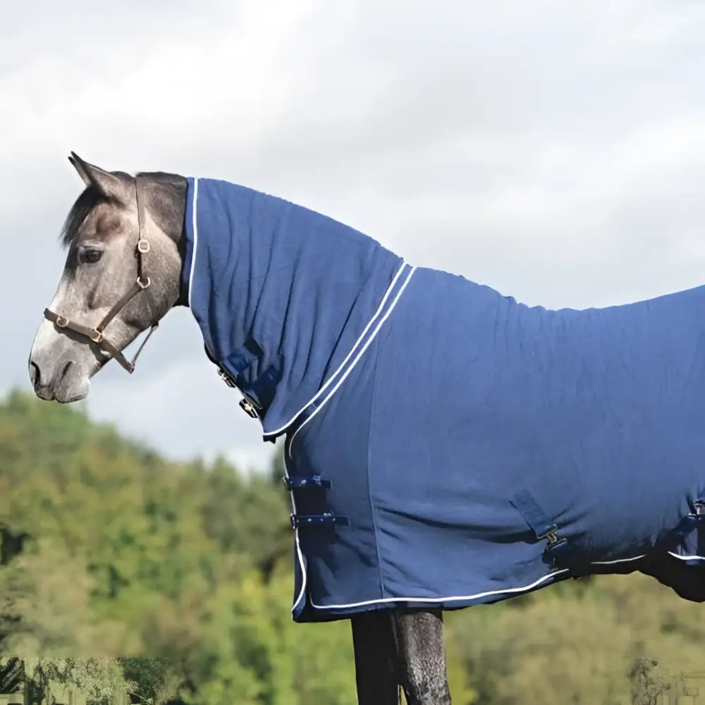 Blue swish fleece rug with fixed neck cover navy fleece and cross surcingles adjustable straps for horses