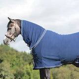 Blue swish fleece rug with fixed neck cover navy fleece and cross surcingles adjustable straps for horses