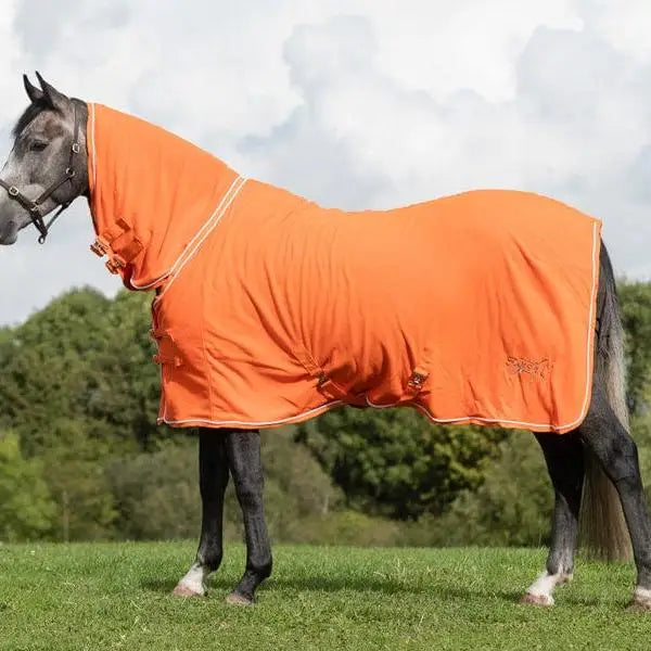 Bright orange swish fleece rug with neck cover orange featuring white trim and silver piping for luxury warmth