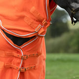 Bright orange luxury fleece rug with neck cover orange featuring white rope trim and brass-colored buckles