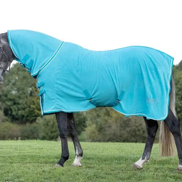 Turquoise swish fleece rug with neck cover and reinforced stitching for a luxury fleece horse blanket look