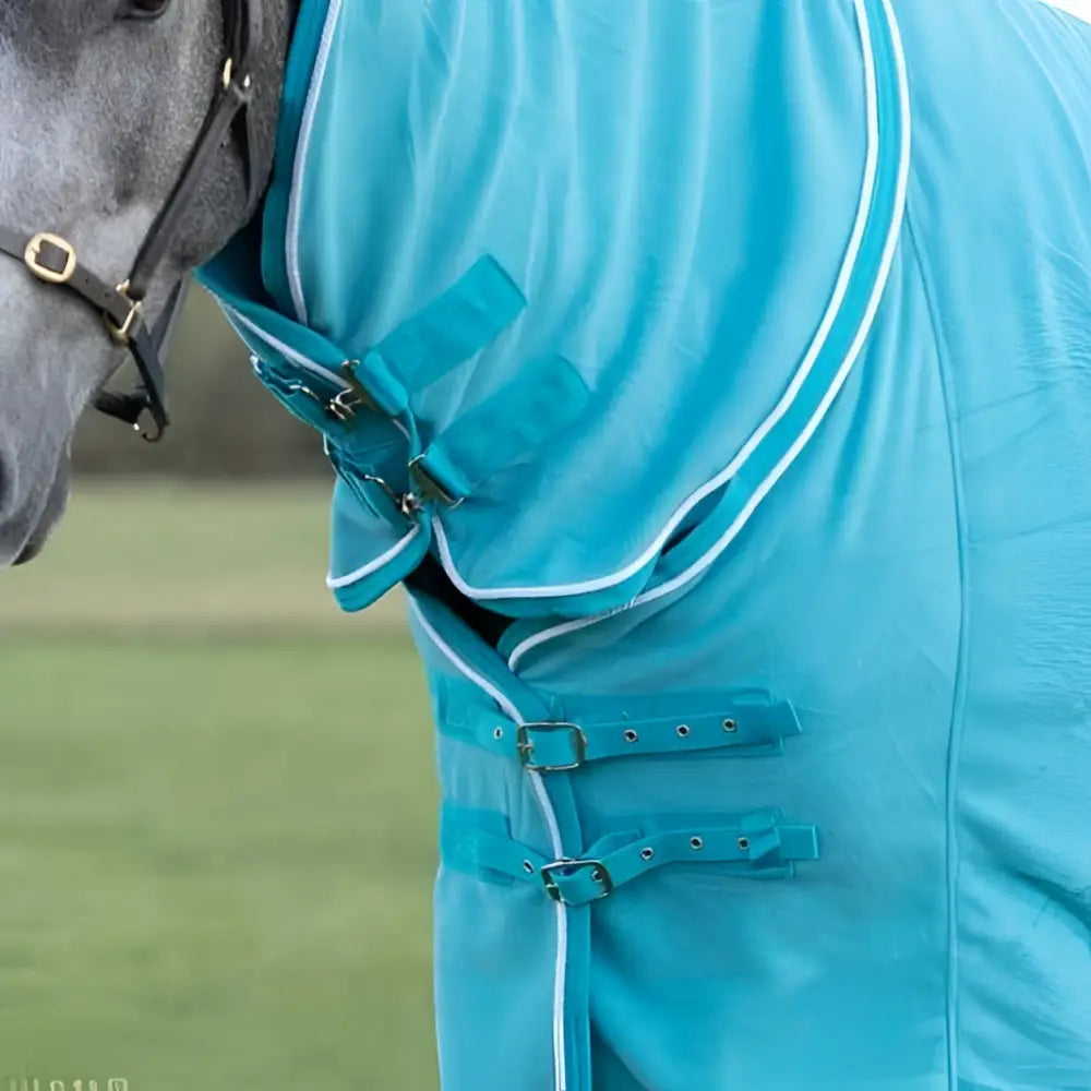 Turquoise swish fleece rug with neck cover featuring a horse fly veil white trim and adjustable straps luxury fleece
