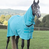 Turquoise swish fleece rug with neck cover featuring white trim and adjustable straps for luxury fleece comfort