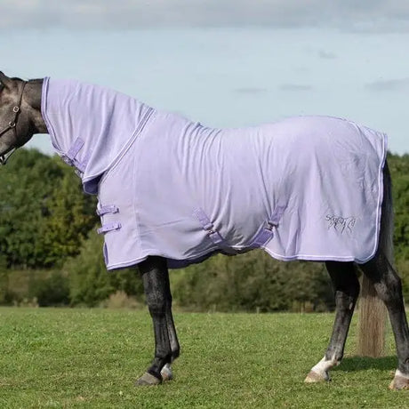 Lavender fleece rug with neck cover violet, adjustable cross surcingles, and subtle brand logo on the side