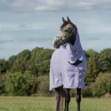 A lavender fleece rug with neck cover violet and purple buckles designed for horse protection with cross surcingles