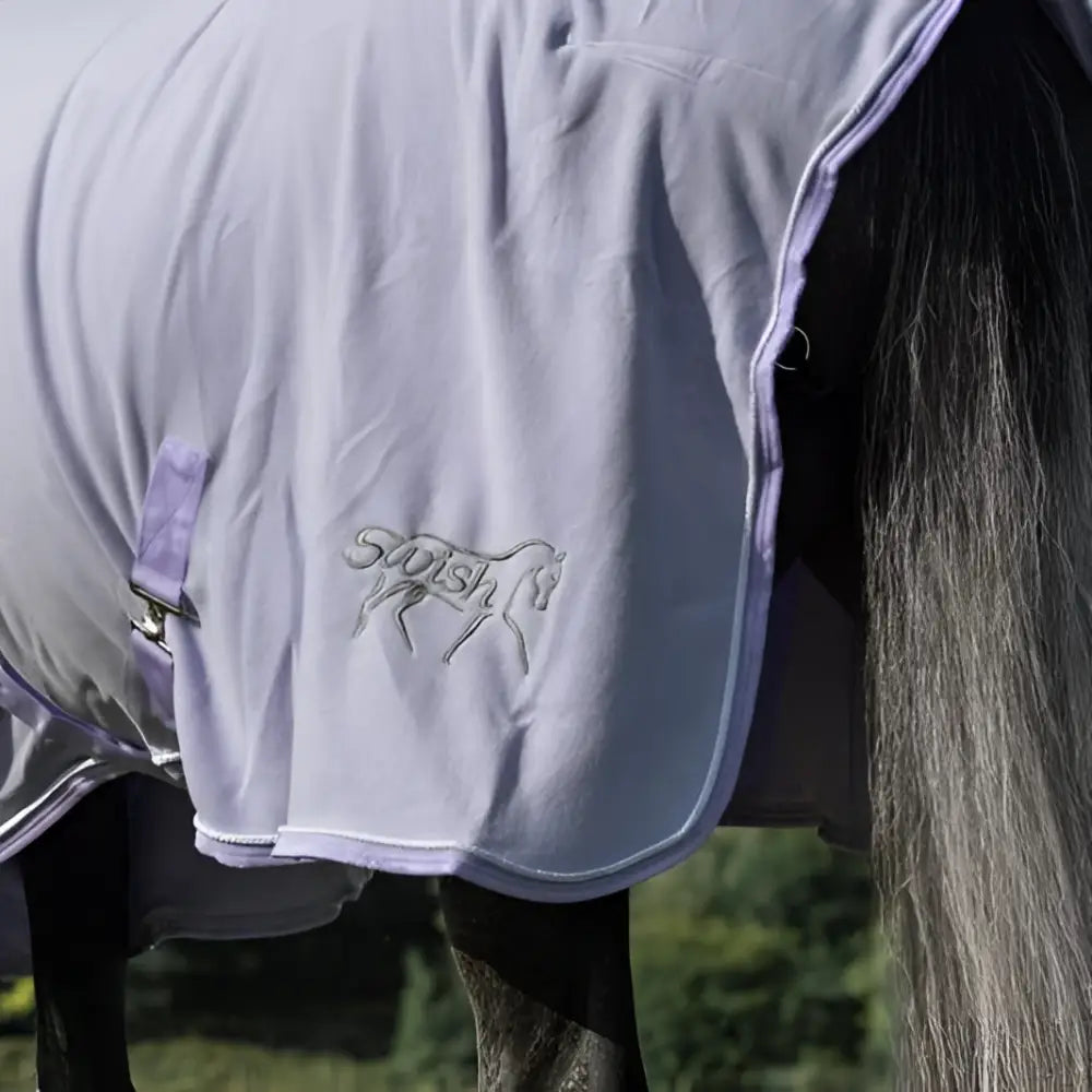 Light purple fleece rug with neck cover violet featuring embroidered logo stitched edges and cross surcingles