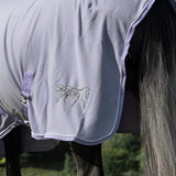 Light purple fleece rug with neck cover violet featuring embroidered logo stitched edges and cross surcingles