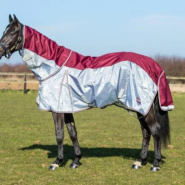 Maroon and silver reflective fly turnout rug with detachable neck cover made of breathable nylon for horses