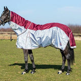 Maroon and silver reflective fly turnout rug with detachable neck cover made of breathable nylon for horses