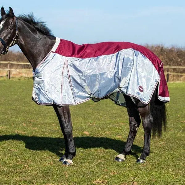 Maroon and silver reflective fly turnout rug with white trim and breathable nylon featuring detachable neck cover