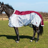 Maroon and silver reflective fly turnout rug with white trim and breathable nylon featuring detachable neck cover
