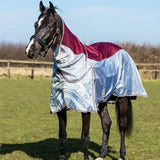 A maroon and silver reflective fly turnout rug with detachable neck cover and breathable nylon hood with adjustable straps