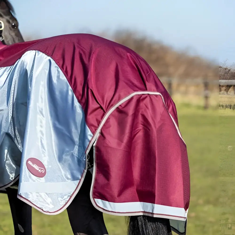 Maroon and silver mesh fly turnout rug with white trim and detachable neck cover made of breathable nylon