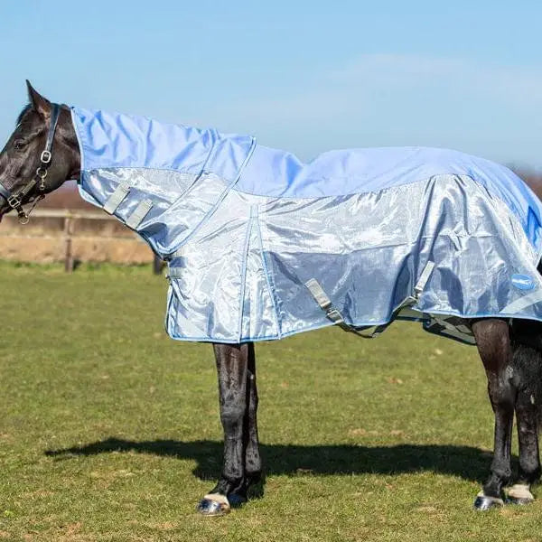 Light blue swish fly turnout combination rug with breathable nylon mesh panel and double locking adjustable straps