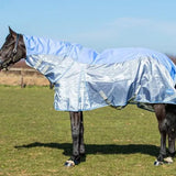 Light blue swish fly turnout combination rug with breathable nylon mesh panel and double locking adjustable straps