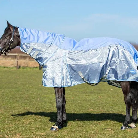 Light blue swish fly turnout combination rug with breathable nylon mesh panel and double locking adjustable straps