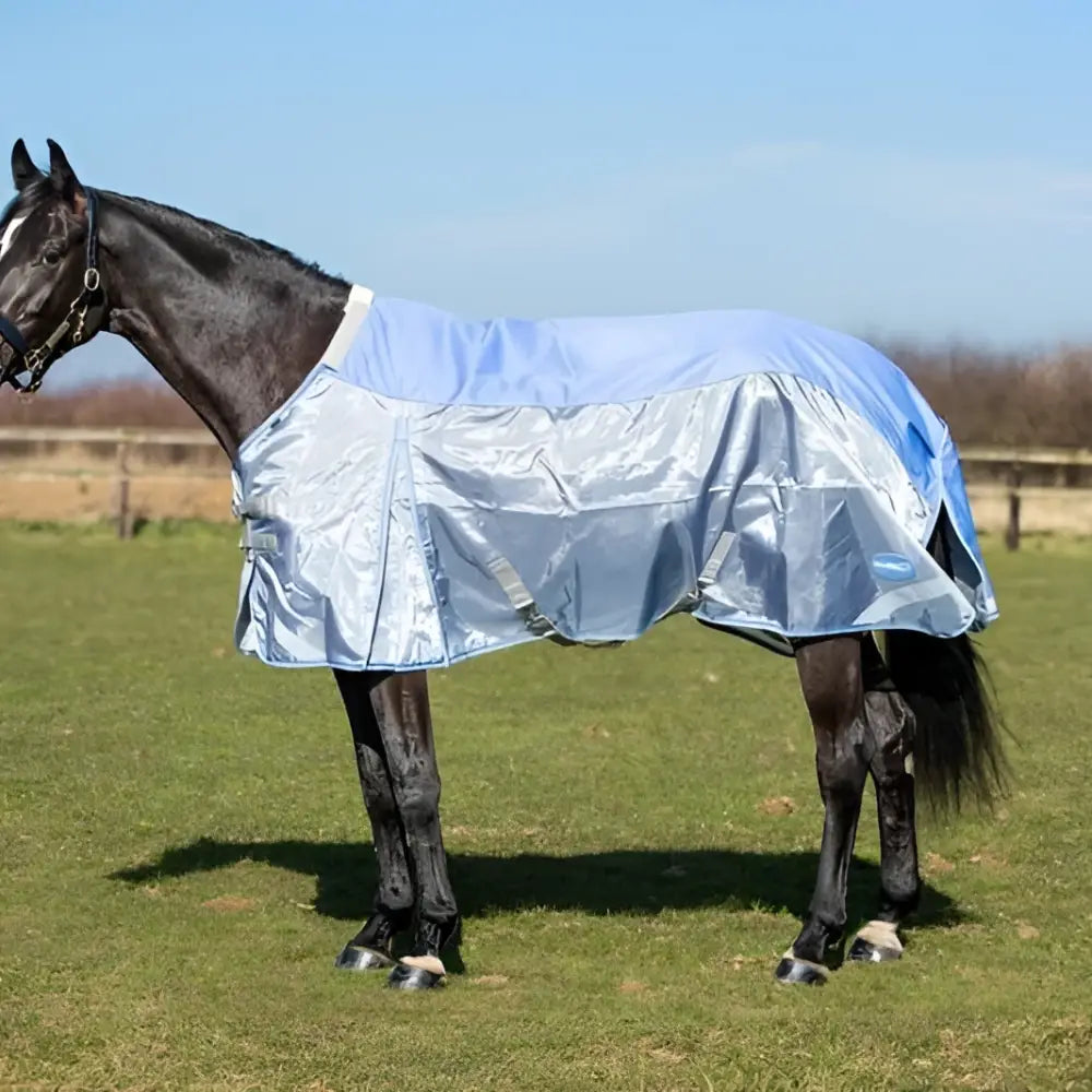Silver and light blue reflective fly turnout combination rug in breathable nylon with double locking for horses