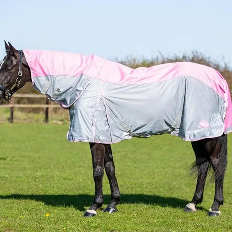 Pink and gray fly turnout combination rug mesh baby with reflective material and detachable neck cover shown from back side