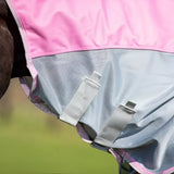 Pink and gray fly turnout combination mask with mesh panels and adjustable straps perfect as a rug mesh baby cover