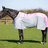 A sleek fly turnout combination rug mesh baby in baby pink with a detachable neck cover and reflective silver-gray panel