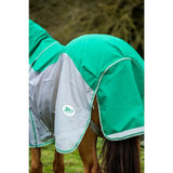 Green and gray fly turnout combination rug mesh with white trim and detachable neck cover for horse protection