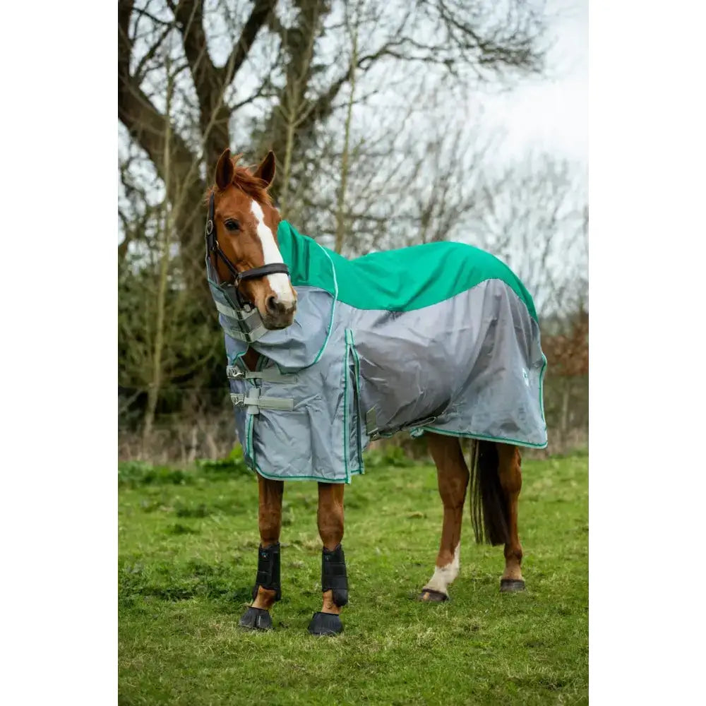 Teal and gray swish fly turnout combination rug mesh with reflective panel and adjustable straps for secure fit