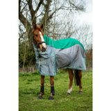 Teal and gray swish fly turnout combination rug mesh with reflective panel and adjustable straps for secure fit