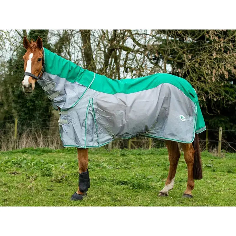 Teal and silver swish fly turnout combination rug mesh with reflective panel and detachable neck cover for fly protection
