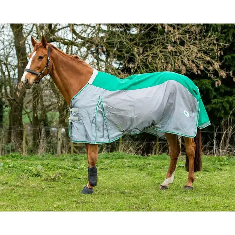 Teal and gray fly turnout combination rug mesh with white trim and reflective strips for safety and comfort