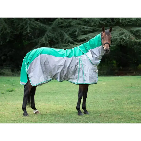 Teal and silver fly turnout combination rug mesh with reflective waterproof design and detachable neck cover in green