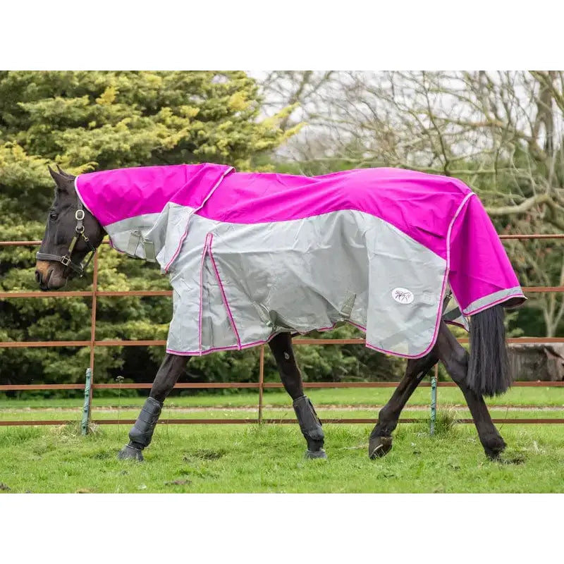 A vibrant mulberry swish fly turnout combination rug with reflective pink and silver panels and detachable neck cover on horse