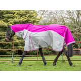 A vibrant mulberry swish fly turnout combination rug with reflective pink and silver panels and detachable neck cover on horse