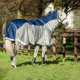 Blue and silver fly turnout combination rug with detachable neck cover and white trim navy mesh rug design